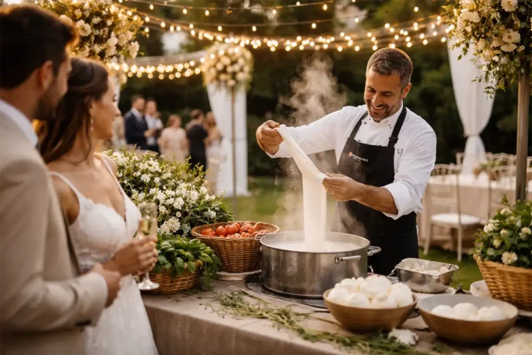 Show cooking mozzarella durante un matrimonio all'aperto nel momento dell'aperitivo