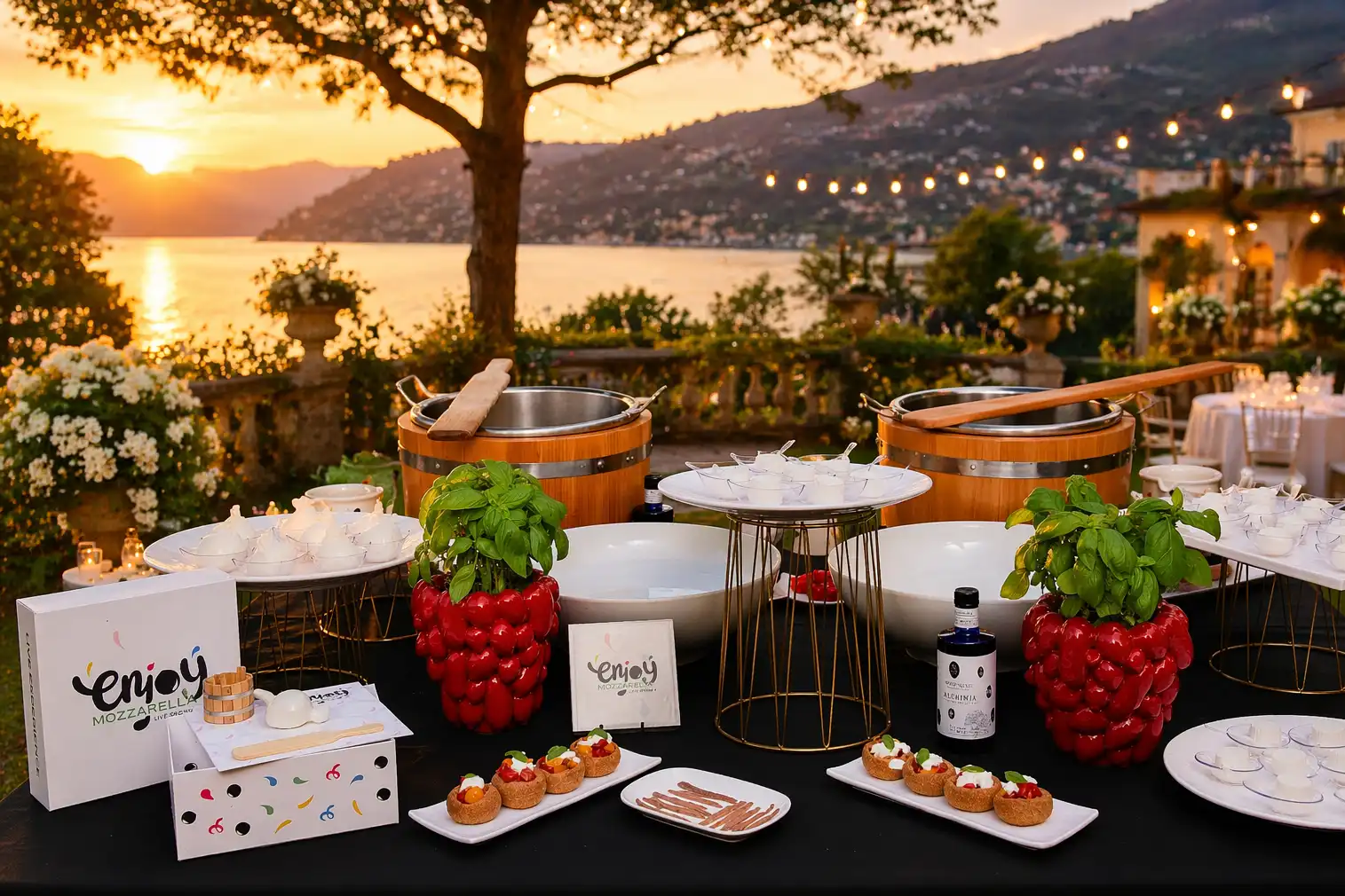 Corner di mozzarella allestito in una location suggestiva per matrimonio o evento