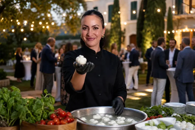Casara durante una festa privata elegante con show cooking mozzarella dal vivo