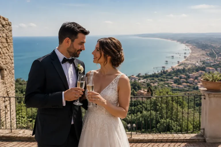 Matrimonio in Abruzzo con sposi su terrazza panoramica vista mare e Costa dei Trabocchi